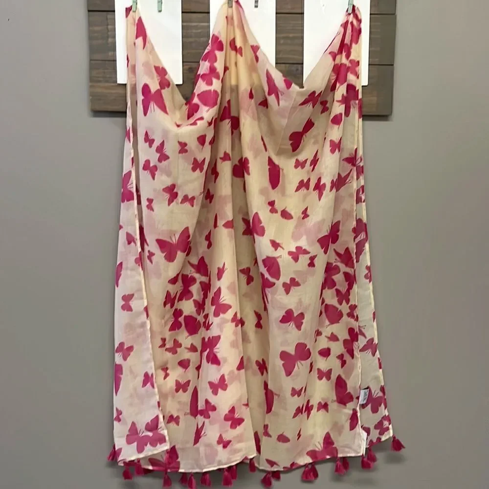 Cream and Fuschia/Magenta Butterfly Scarf with Tassels- OS (approx- 72” by 42”)